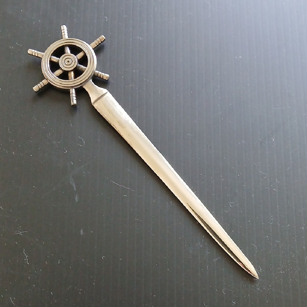 Vintage Nautical Letter Opener Silvertone Ship Steering Wheel 6.5"